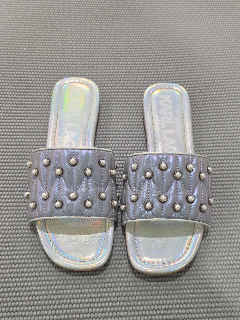 Karl Lagerfeld Iridescent Quilted Pearl-Stud Slide Sandals - Silver